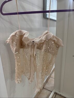 Zara Sequin Ruffle Spaghetti Strap Crop Top in Blush